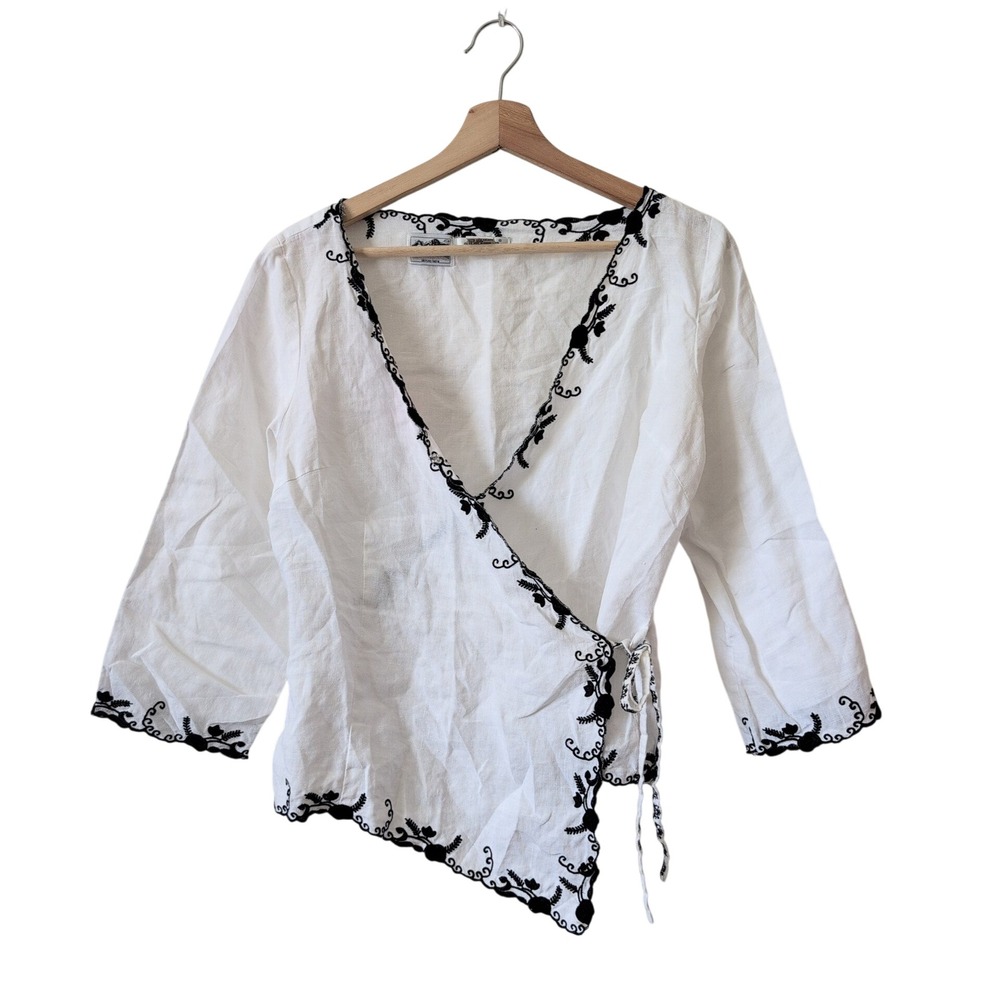 Richard Malcolm White Irish Linen Embroidered Wrap Top Medium Cottagecore Euro
